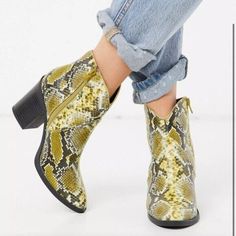 Call It Spring By Aldo Cecily Vegan-Friendly Heeled Western Ankle Boot In Yellow Snake Print Booties *Snakeskin Design *Side-Zip Opening *Pointed Toe *Block Heel *Heel Height: 3” *Wipe Clean Only *Lining: 100% Textile, Sole: 100% Other *Materials, Upper: 100% Other Materials Spring Snake Print Pointed Toe Heels, Casual Yellow Heels For Fall, Spring Snake Print Round Toe Heels, Trendy Yellow Summer Boots, Trendy Snake Print Boots For Spring, Yellow Snake, Neutral Heels, Western Ankle Boots, Faux Suede Boots