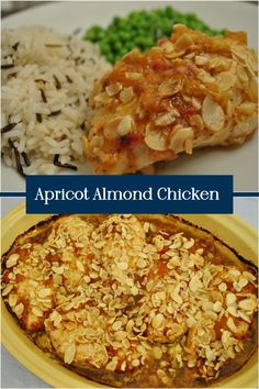 an image of some food that is on a plate and in the middle with words apricot almond chicken