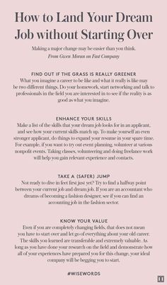 a pink poster with the words how to land your dream job without starting over it