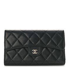 This is an authentic CHANEL Lambskin Quilted Large Flap Wallet in Black. This wallet is crafted of diamond quilted lambskin leather in black. It features a front flap with a small polished silver Chanel CC logo and unsnaps to a burgundy leather interior with card slots, patch pockets, snap pocket, and fabric bill compartment. Elegant Quilted Wallet For Formal Occasions, Elegant Quilted Wallets For Formal Occasions, Designer Leather Wallet With Quilted Detail, Designer Quilted Leather Wallet, Luxury Black Quilted Wallets, Elegant Quilted Leather Wallet, Classic Formal Quilted Wallet, Quilted Leather Wallets For Formal Occasions, Formal Quilted Leather Wallets