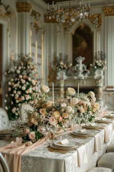 an elegant table setting with flowers and candles