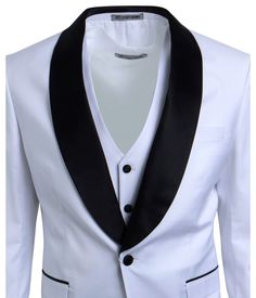 This three-piece tuxedo is the perfect choice for any formal occasion. The satin shawl collar and matching vest add a touch of sophistication, while the black fabric ensures a classic look. This tuxedo is sure to turn heads wherever you go. Material: 65% Dacron 35% Rayon Shawl Collar Tuxedo, Satin Shawl, Vest White, Three Piece, Shawl Collar, Formal Occasion, Black Fabric, Classic Looks, The Black