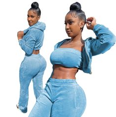 Velvet Zip Hooded Crop Top+wrap Chest+pants Set Fitted Hooded Loungewear Set, Winter Stretch Hooded Sets, Winter Hooded Stretch Sets, Fitted Hooded Sets For Fall, Crop Top And Pants Set, Hooded Crop Top, Dresses Club, Dresses Casual Winter, Blue Bra