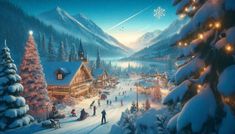 a christmas scene with people skiing and snowboarding in front of a mountain village at night