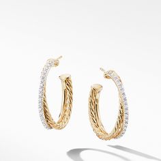 This exquisite pair of Crossover Medium Hoop Earrings is expertly crafted from 18K yellow gold and features dazzling diamonds as its primary gemstone. Part of the elegant Crossover collection, these earrings are a must-have for any sophisticated jewelry collection. David Yurman Earrings, Gold Earrings Models, Sophisticated Jewelry, Medium Hoop Earrings, Diamond Hoop Earrings, High Jewelry, David Yurman, Designer Earrings, Pave Diamonds