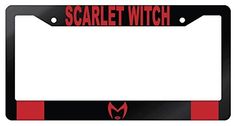 a black and red license plate with the word scarlet witch on it