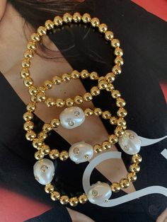 Polka dot pearls and Gold beaded Set of 3 bra Gold Beads, Diy Jewelry, Pearl Necklace, Polka Dot, Polka Dots, Charm Bracelet, Dots, Bracelet, Bra