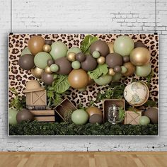 an animal print wall hanging on the side of a white brick wall next to a wooden floor