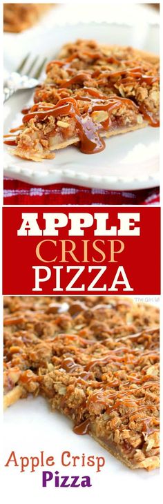 an apple crisp pizza on a white plate with the words apple crisp pizza below it