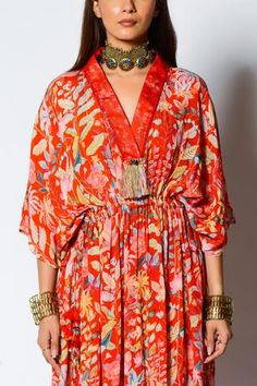 Shop for Rishi and Vibhuti Red Crepe Floral Print Kaftan for Women Online at Aza Fashions Bohemian Designer Kaftan For Summer, Bohemian Designer Summer Kaftan, Festive Printed V-neck Kaftan, Bohemian Floral Print Kaftan For Designer Wear, Festive Floral Print Kaftan, Summer Festive Floral Print Kaftan, Festive Summer Floral Print Kaftan, Bollywood Style Kaftan For Festive Spring Occasions, Bollywood Style Kaftan For Festive Spring Events