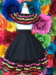 1 Mexican two piece dress Black  Ask for different sizes and colors  -  kids  SIZE 5-6 tshirt size  Long 16.5  armpit to armpit 16 Skirt color Purple Mexican Embroidered dress one size fits all 24 inches Long Important the colors of the ribbon can change Undergarment and accesories not included VISIT OUR WEBSITE FOR TRADITIONAL HAND MADE CLOTHING www.mexicotodocorazon.com 60CM Note: All color embroidery is slightly different, every dress is handmade, so they are different from one another, as a Jalisco Dress, Folkloric Dress, Mexican Boho, Mexican Embroidered Dress, Hippie Baby, Clothing Reference, Boho Hippie Dress, Mexican Dress, Color Embroidery