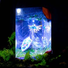 an illuminated box in the dark with plants around it and a light shining on top