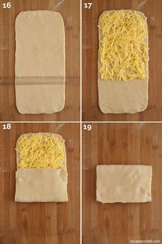 four pictures showing how to make bread with cheese