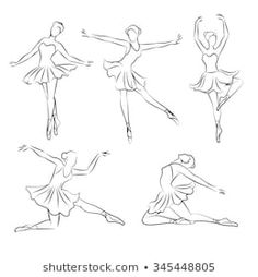 ballerinas in different poses and positions, black and white drawing - stock photo