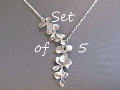 Bridesmaid Necklace Set of 5, Flower Necklace, Silver Orchid Lariat, Wedding Jewelry, Bridal Jewelry Flower Necklace Silver, Gold Orchid, Silver Flower Necklace, Necklace Wedding, Jewelry Bridal, Bridesmaids Personalized, Gold Necklace Women, Bridesmaid Necklace, White Jewelry