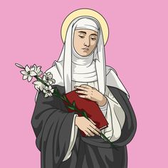 a painting of a nun holding a book and flowers