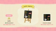 an animal crossing game with menus and other items on the screen, including a sign that says sushi menu