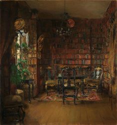 a painting of a living room filled with books