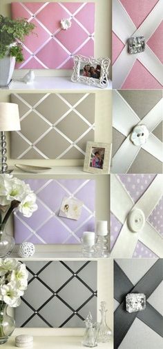 the wall is decorated in different colors and patterns, including pinks, greys, white