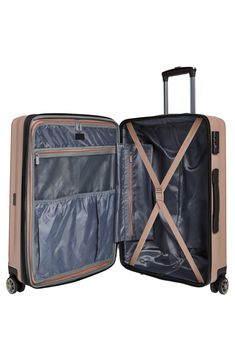 Durable and versatile, this full-feature bag is expandable to give you more packing space on the go with a hardshell exterior that stands up to rigorous travel.Closure: Two-way zippers with an integrated, TSA-approved lock. Expansion zipper adds two inches of depth.Exterior features: A multistage telescopic trolley handle system, a hidden name tag and four 360-degree double wheels.Interior features: Two large packing compartments, two zip pockets and compression straps. 25" x 17" x 10 1/2" ABS/p Functional Rectangular Luggage, Functional Rectangular Luggage For Storage, Rectangular Protective Travel Case, Portable Rectangular Luggage For On-the-go, Rectangular Portable Luggage For Travel, Functional Rectangular Luggage With Protective Case, Functional Rectangular Case With Luggage Sleeve, Modern Travel Bags With Protective Case, Modern Travel Bag With Protective Case