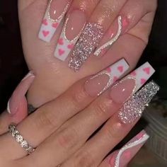 Nails Long Pink, Ongles Bling Bling, Full Cover Nail Tips, Press On Nails Long, Heart Nail, Coffin Press On Nails, Nails Manicure, Pink Acrylic Nails, Nails Long