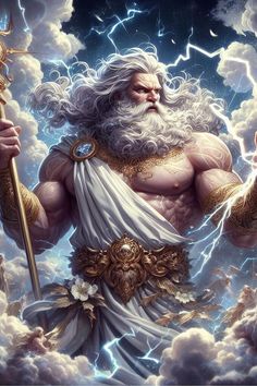 a man with a beard and long white hair standing in the clouds holding a staff