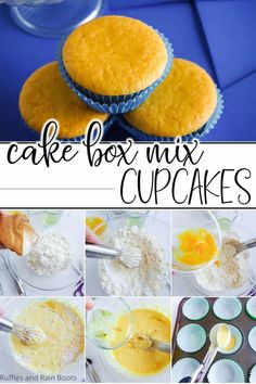 cake box mix cupcakes collage with instructions for making them in the muffin tins