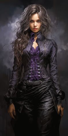 a painting of a woman in black and purple clothes with long hair, standing on a dark background