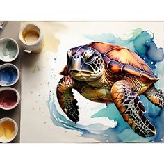 a painting of a sea turtle with watercolor paints on it's sides and paintbrushes next to it