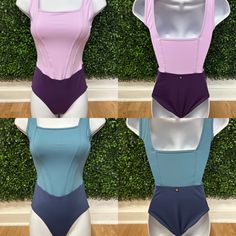 three women's swimsuits displayed on mannequins in front of green wall