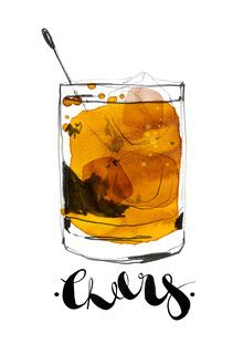 a drawing of a glass filled with orange juice and ice cubes on top of it