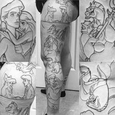 several different images of the same woman's legs with tattoos on them, and one showing