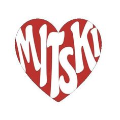 a heart shaped sticker with the word mysk in white and red on it