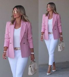 Women's pink breasted blazer and white pants by zeemos - Women's Suits - Afrikrea White Pants Women, To Start A Conversation, Stylish Work Attire, Stylish Work Outfits, Pink Blazer, Casual Chic Outfit, Casual Work Outfits, Blazer Outfits, Work Outfits Women