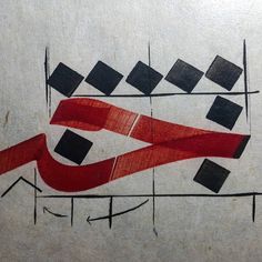 an abstract painting with black and red lines