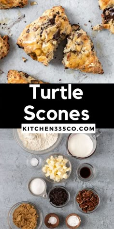 the ingredients to make turtle scones are shown in separate bowls and on top of each other