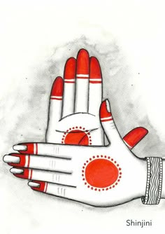 a drawing of two hands with red and white designs on their palms, one holding the other's hand