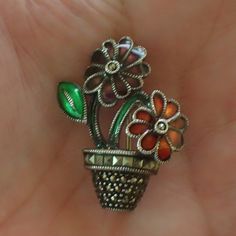 Vintage Judith Jack sterling silver marcasite enamel Flower Pot pin brooch 1 1/2 x 1 1/8 inch shipping includes insurance Silver Enamel Brooch Pin, Vintage Silver Enamel Pins, Ornate Silver Enamel Brooches, Orange Fox, Sterling Silver Marcasite, Butterfly Ring, Enamel Flower, Herkimer Diamond, Quartz Points