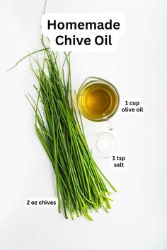 the ingredients to make homemade chive oil on a white background with text overlay