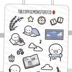 the coffee monster sticker sheet is shown in black and white, with an assortment of items