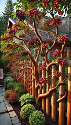 a wooden fence with red berries growing on it