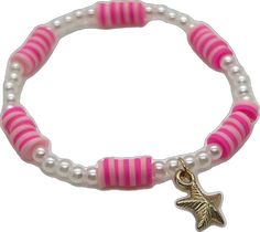 Adjustable Pink Pearl Bracelet With Spacer Beads, Pink Beaded Bracelet With Pearl Charm As A Gift, Pink Beaded Bracelet With Pearl Charm For Gift, Cute Pink Star-shaped Bracelets, Cute Pink Jewelry With Spacer Beads, Pink Friendship Bracelets With Spacer Beads, Pink Pearl Bracelet With Letter Beads, Casual Pink Beaded Pearl Bracelet, Pink Star-shaped Friendship Bracelets