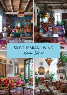 the living room is decorated in bohemian style