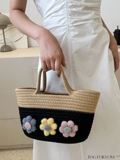 BagForLove - Stylish Color Block Crochet Tote Bag with Floral Embellishments Vacation Crochet, Color Block Crochet, Color Blocking Design, Block Crochet, Crochet Tote Bag, Crochet Tote, Word Wrap, Plaid Fashion, Vacation Style