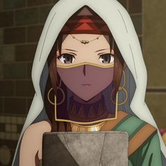 an anime character with long brown hair wearing a white headdress and holding a tablet