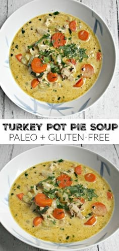 two bowls of turkey pot pie soup with carrots, spinach and chicken in them