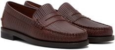 Handcrafted lightweight buffed leather loafers in brown. · Trompe l'oeil woven-effect embossed throughout · Moc toe · Strap with cutout at vamp · Pinched seam at heel counter · Buffed leather lining · Molded leather footbed · Serrated edge at welt · Rubber block heel · Water-resistant leather sole Supplier color: Dark brown Elegant Brown Woven Leather Loafers, Classic Woven Leather Loafers With Round Toe, Classic Slip-on Woven Leather Loafers, Classic Woven Leather Slip-on Loafers, Classic Woven Leather Loafers, Classic Woven Leather Loafers For Work, Brown Formal Loafers With Woven Sole, Formal Brown Moccasins With Woven Sole, Formal Brown Loafers With Woven Sole