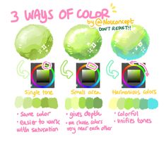 three ways to color an object with different colors and shapes, including the words'3 ways