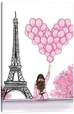 a girl holding pink balloons in front of the eiffel tower canvas art print