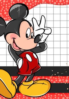 a cartoon mickey mouse standing in front of a tiled wall and holding his hand up